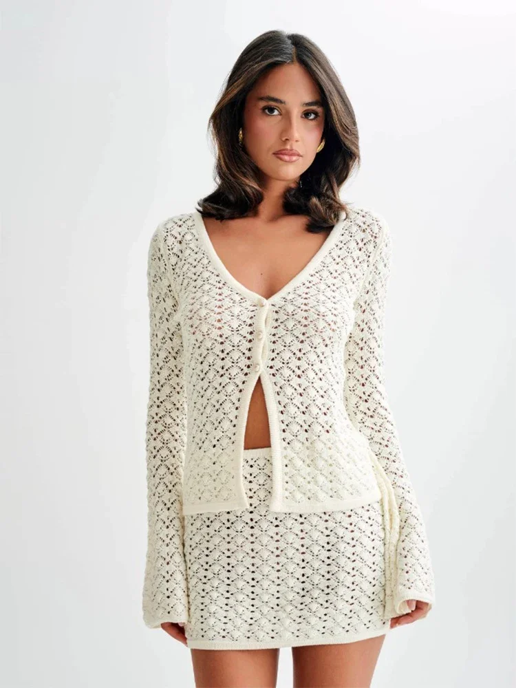 Sexy White Knitted V-neck Long Bell Sleeve Cardigan Shell Button Top Mini Skirt Set 2024 Women Beachwear Swimsuit Cover Up A2896