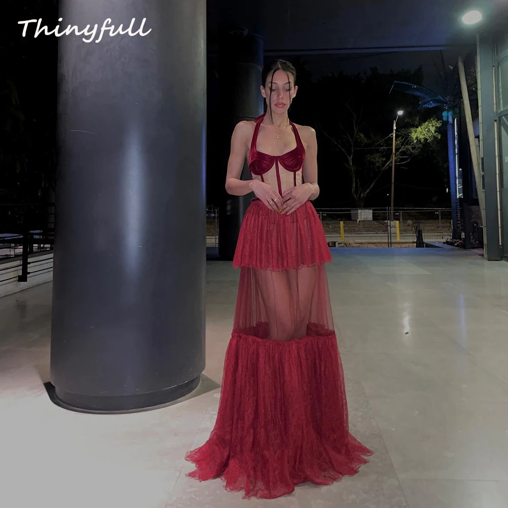 

Thinyfull A-line Prom Dress Halter Sleeveless Satin/Tulle Evening Party Dress Long Formal Gown robes de soirée Customized