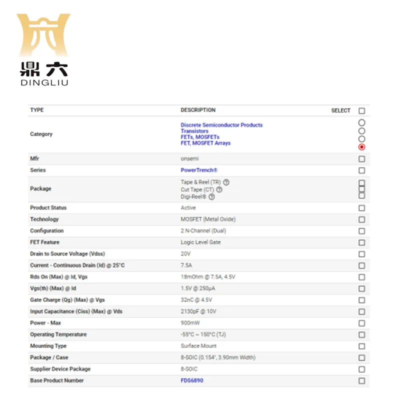 FDS6890A Mosfet 2N-CH 20V 7.5A 8Soic FDS6890A Transistors