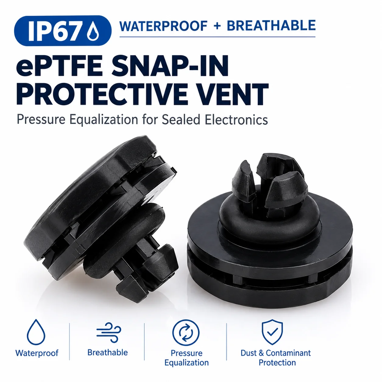 Automotive Snap In Vent Plug IP67 Waterproof Breathable EPTFE Pressure Equalization Valve for ECU LED Lighting Housing