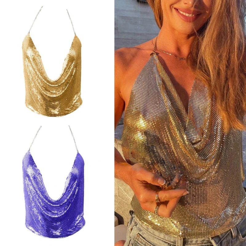 

Women Sexy Glitter Sequins Crop Top Halter Cowl Deep V-Neck Backless Camisole Chain for Nightclub Party Outfit