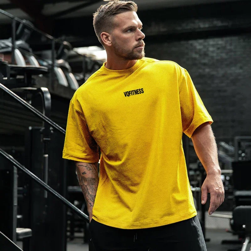 Men's T-shirts Gym Sports Mesh Round Neck T Shirt Fashion Men Clothing Oversized Hip Hop Style Half Sleeve Running Tees Tops