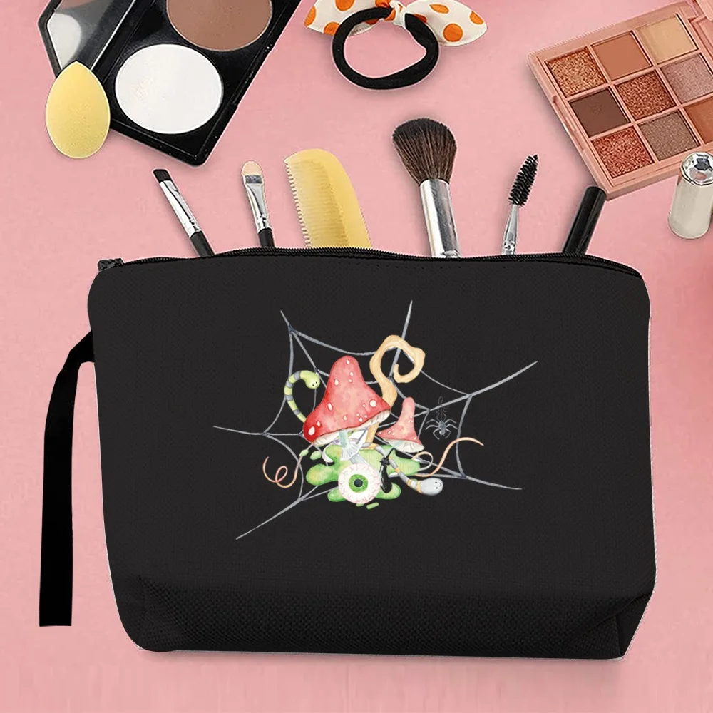 Fashion Woman Makeup Brush Storage Bag Coin Purse Canvas Cute Mushroom Pattern Printing Portable Harajuku Storage Black view 6