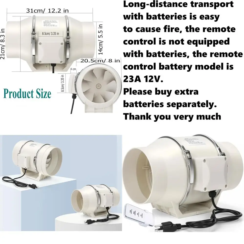 

6 Inch Inline Duct Fan with Variable Controller, 75W, 390 CFM for Efficient Quiet Bathroom and Kitchen Ventilation