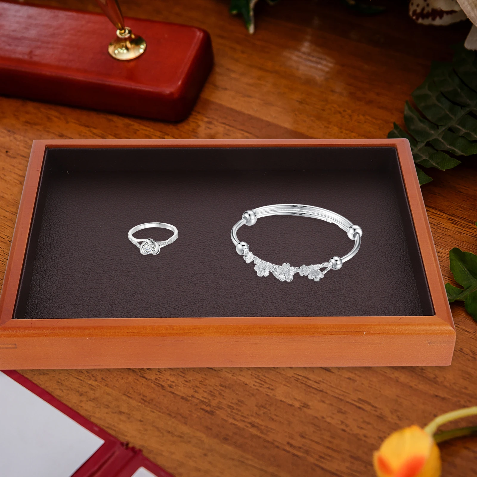 

Tray Wooden Jewelry Dish Holder Lightweight Portable Storage Display Organizer For Rings Earrings Necklaces Bracelets Home Use