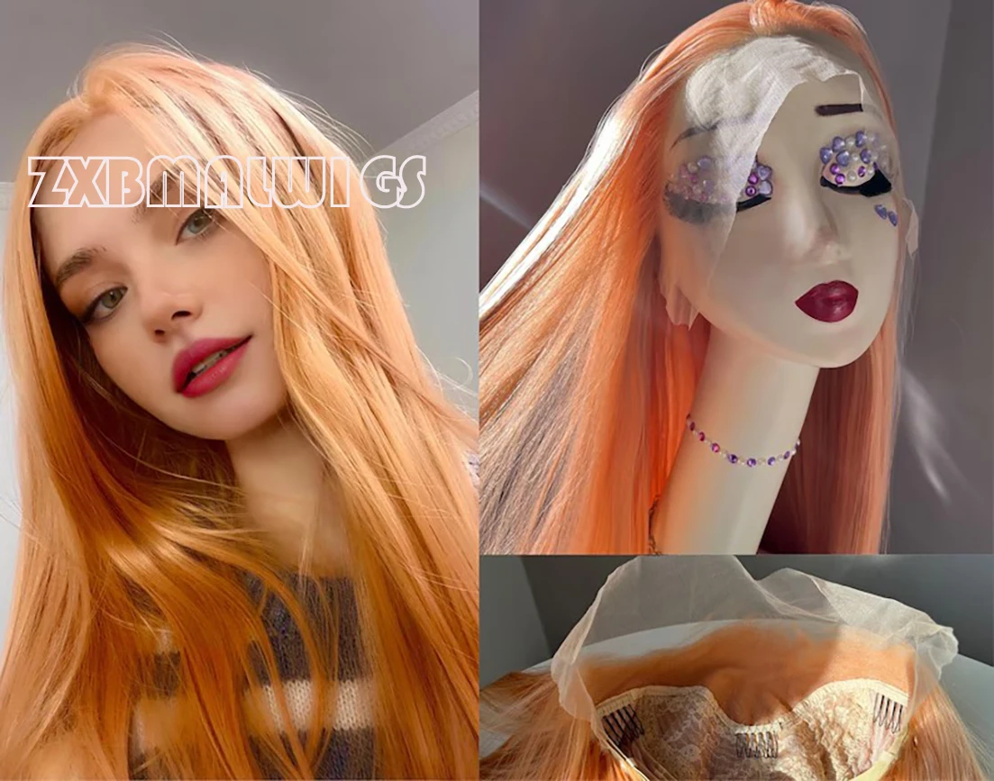 

13*4 Peach Orange Synthetic Lace Front Wigs Pre Plucked Natural Hairline Long Wigs for Women Glueless Straight Hair Blonde Wigs