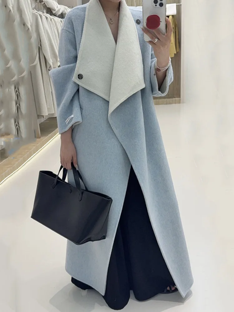 FANAN Two-Tone Lace-Up Waist-Cinching Design Drop Shoulder Long Sleeve Double-Sided Wool Coat Women's Korean Chic New Winter