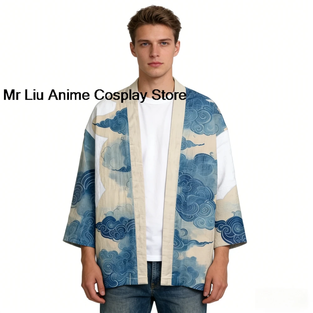 

Ukiyo-e Kimono Cardigan Whale Wave Print Open Front Robe Lightweight Cotton Beach Cover Up Open Front Loungewear Jacket