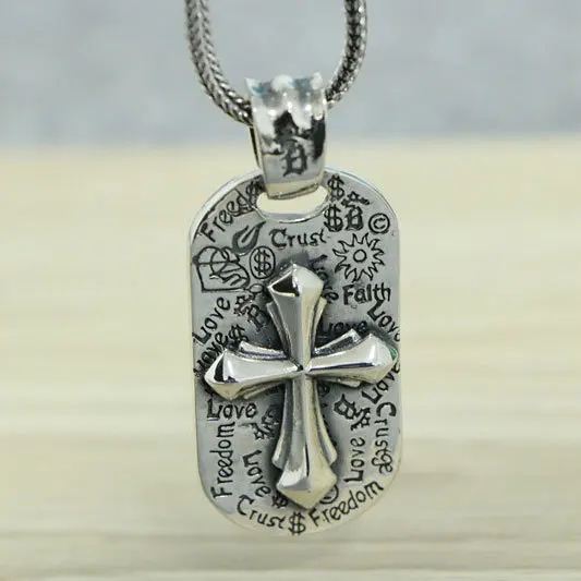 

S925 sterling silver fashion brand graffiti cross military tag necklace men's pendant square tag trend hip-hop retro vintage