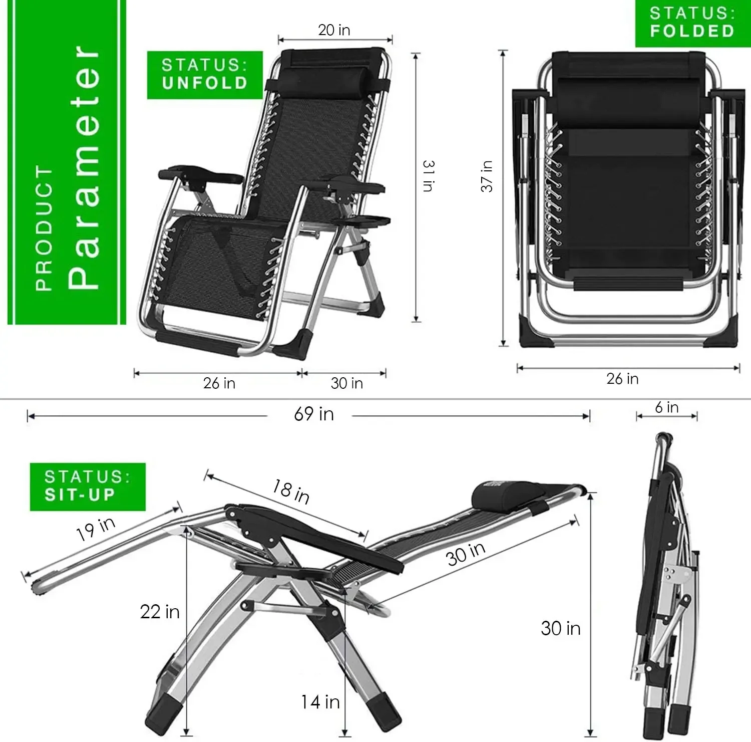Chaise de camping zéro gravité en acier de haute qualité 2026 avec repose-pieds, légère et portable pour personnes âgées