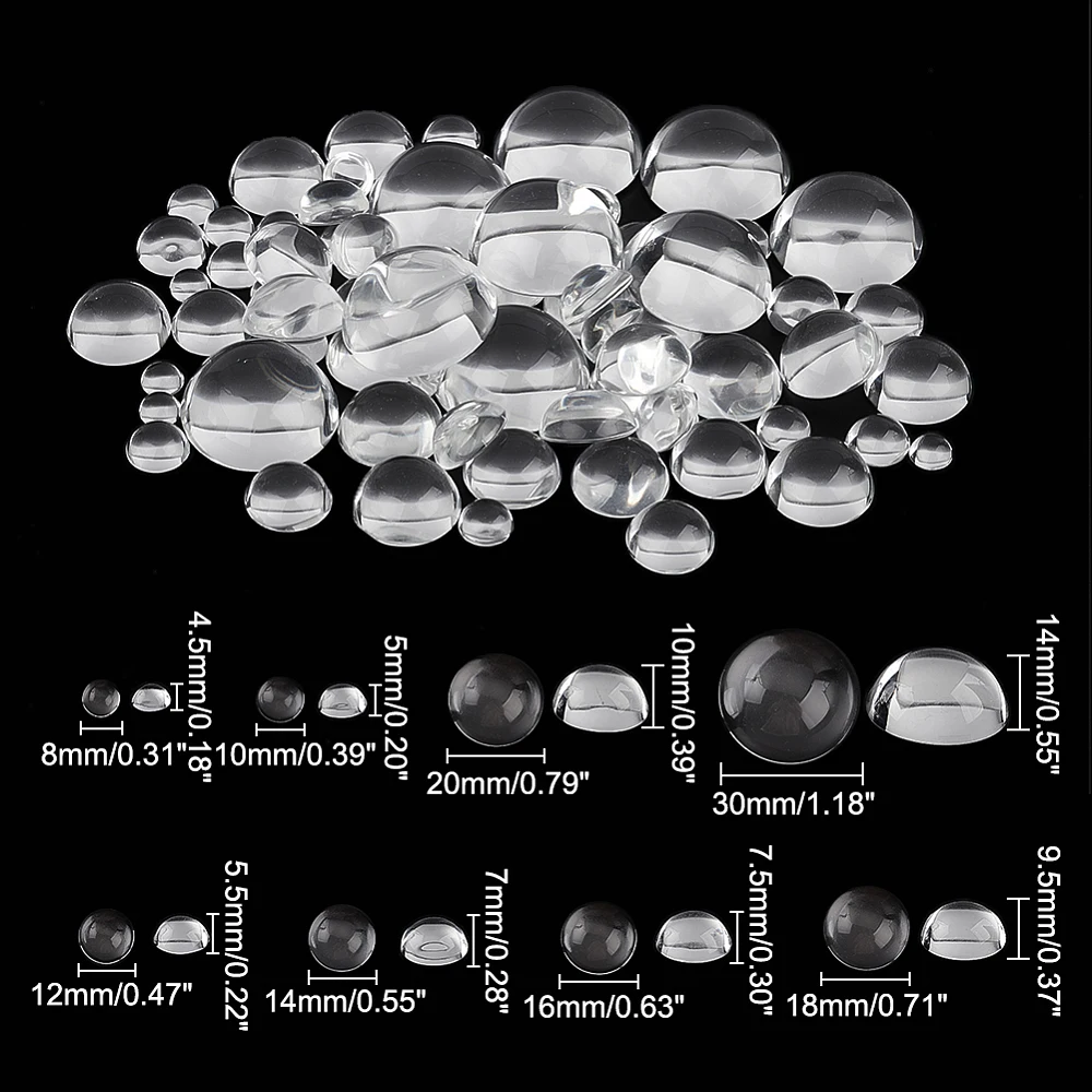 80 Pcs Clear Glass Cabochons 8 Sizes Flat Bottom Half Round Tiles Clear Semi Circular Crafted Cabochon Glass Beads Cabochons