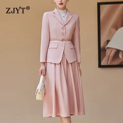 ZJYT Elegant Ladies Autumn Blazer Jacket Suit with Skirt 2 Piece Womens Outfit Pink Female Clothing Sets Office Lady Dress Set