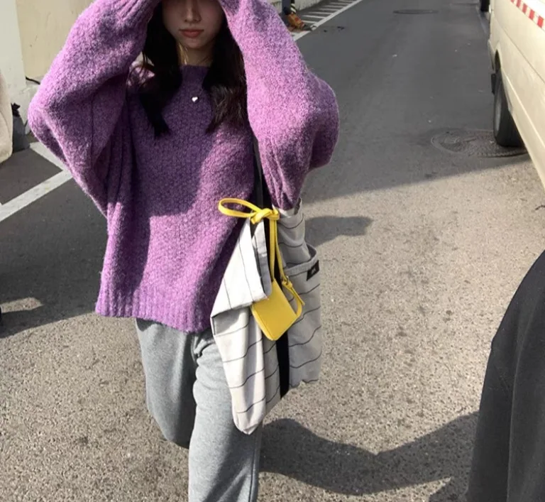 Women Crew Neck Pineapple Texture Knit Sweater 2026 Fall Winter Dopamine Soft Pullover for Layering or Outer Wear