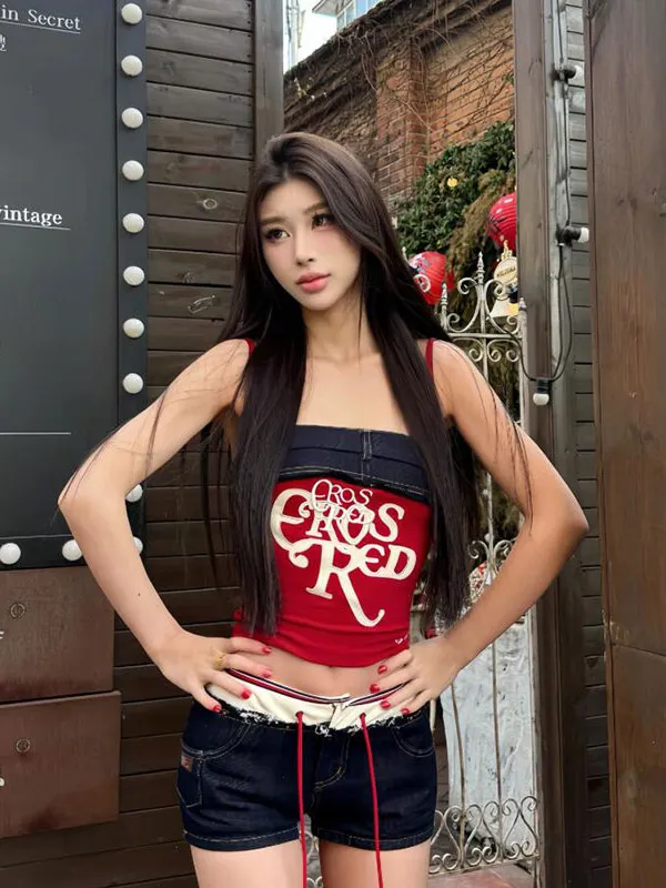 American Style Splice Color Denim Tube Top Women's Summer Slim Fit Short Style Belly Show Sleeveless Trendy Vest