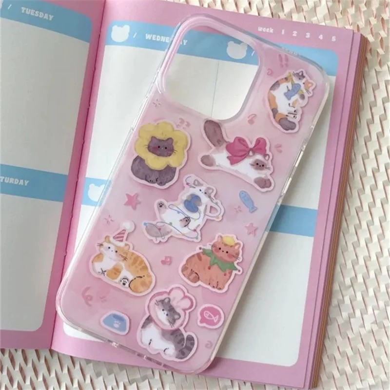

Crystal transparent white IND pink full screen cute cat phone case for iPhone 11 12 13 14 15 16 17 Pro max