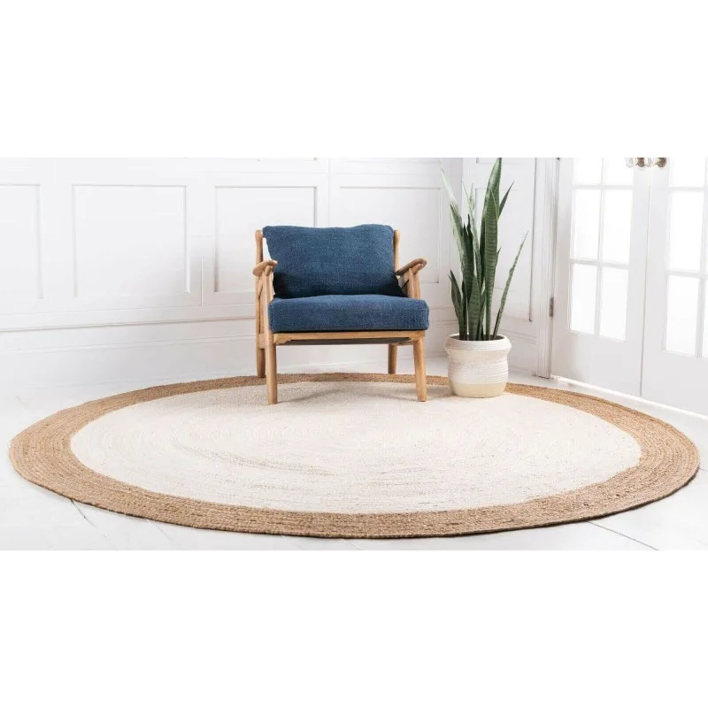 Rug 100% Natural Jute Reversible Round Braided Style Rug Living Modern Area Rug