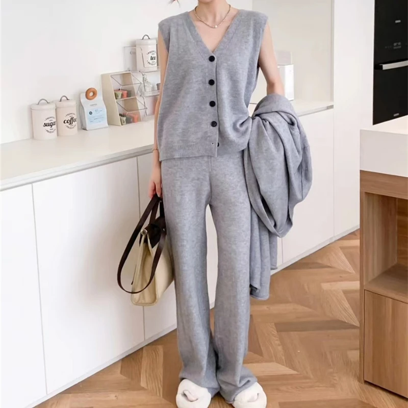 Winter Warm Knitted 3 Pieces Sets For Women Clothing Office Ladies Elegant Single Breasted Vest+long Cardigans+wide Leg Pant Set