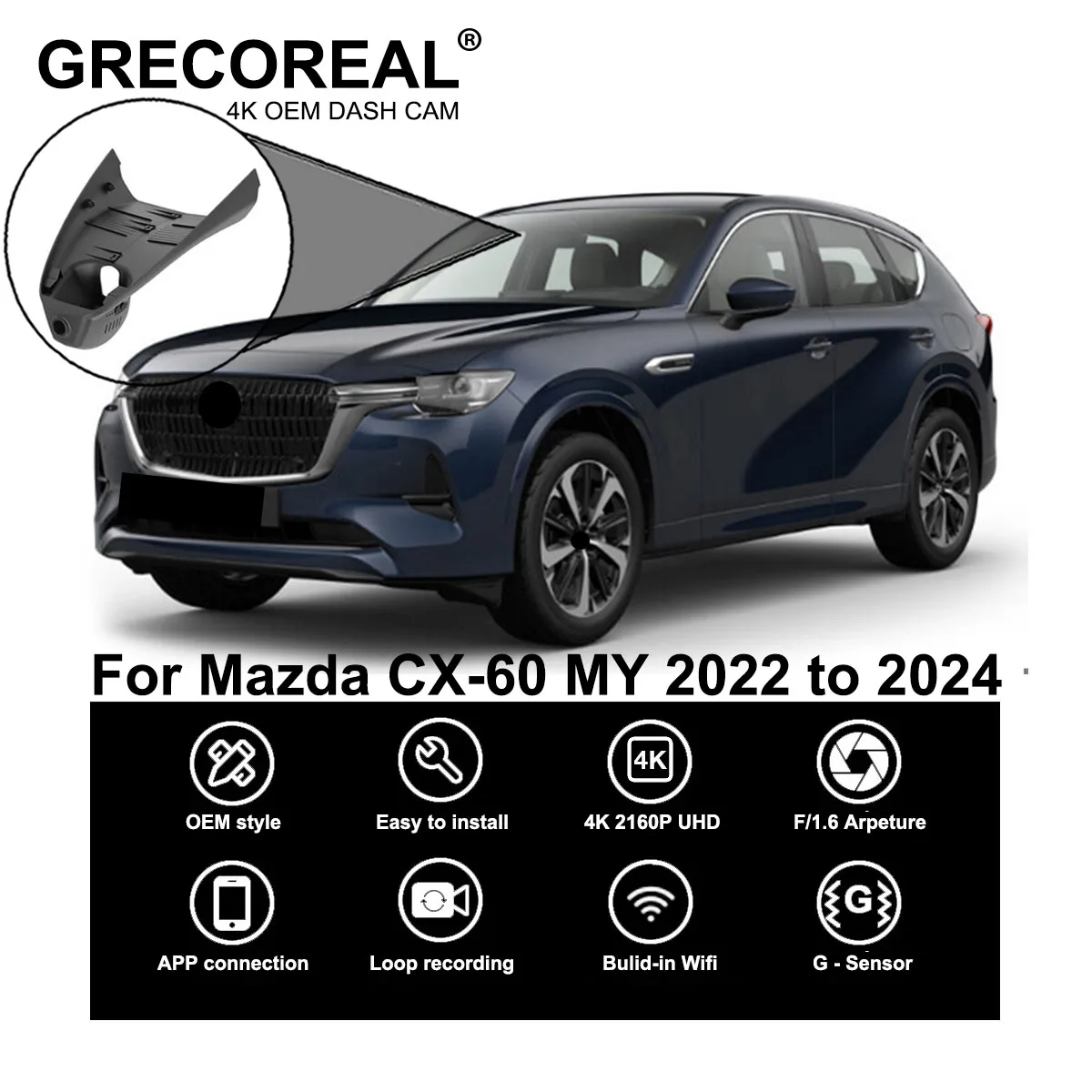 

GRECOREAL 4K Dash Cam Front and Rear 2160P WiFi Car Dual Dashcam APP Control Plug Play Compatible with Mazda CX-60 CX60 CX 60