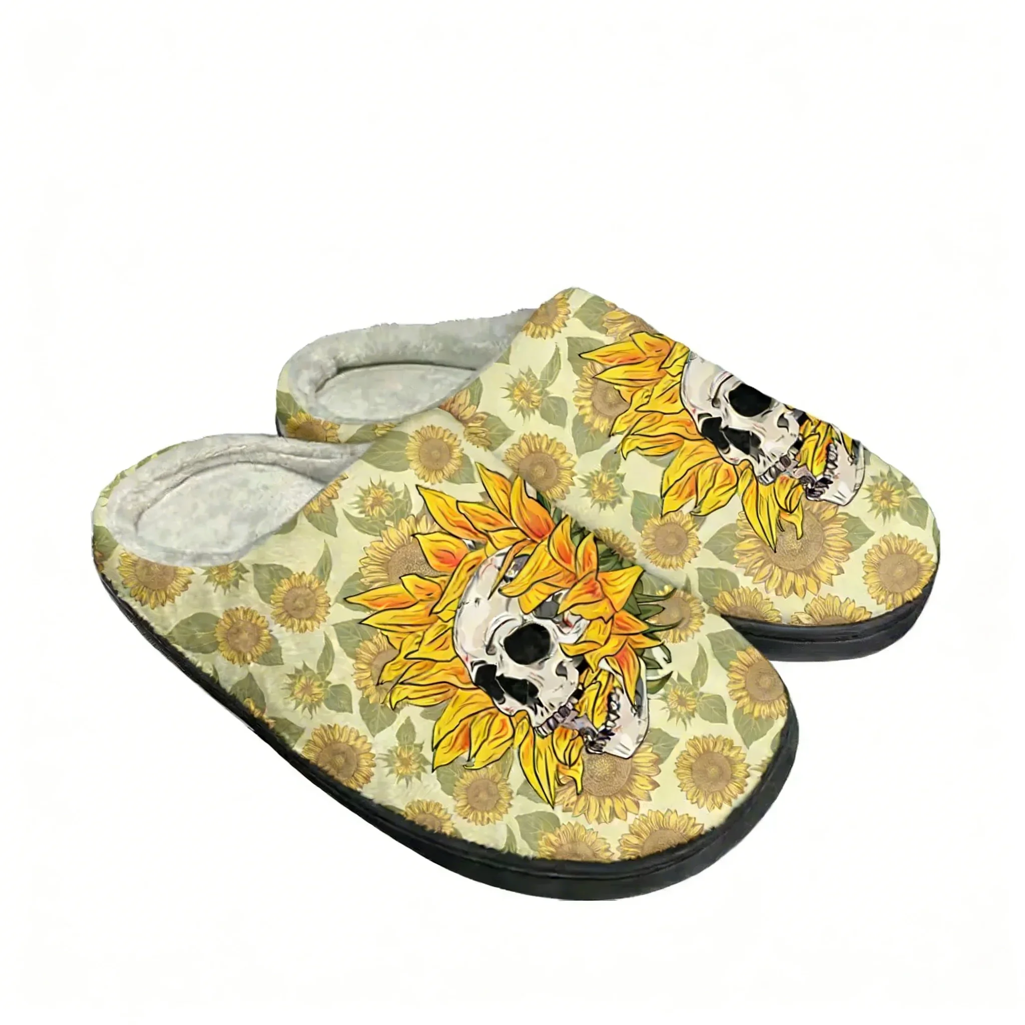 

Теплые домашние тапочки из хлопка с принтом «Подсолнух и череп» для мужчин и женщин, плюшевые, для спальни, повседневные, с индивидуальным дизайном