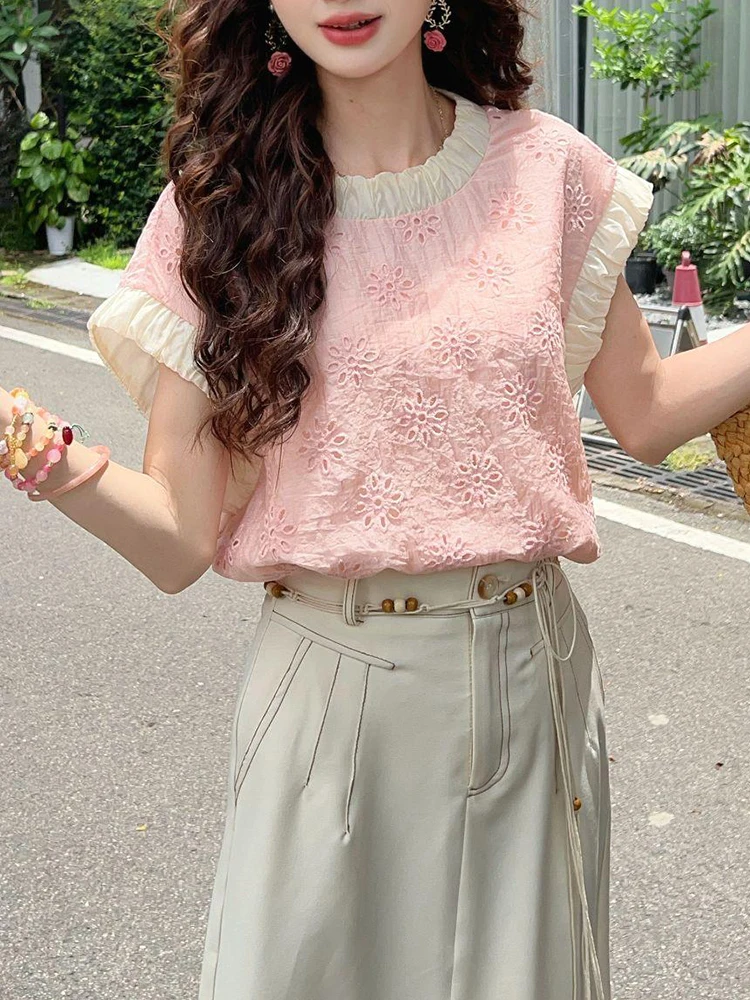 

Floral Hollow out Short Sleeve T-Shirt Women's Loose Slimming Design Summer Casual Style round Neck Top Elegant Anti-Aging