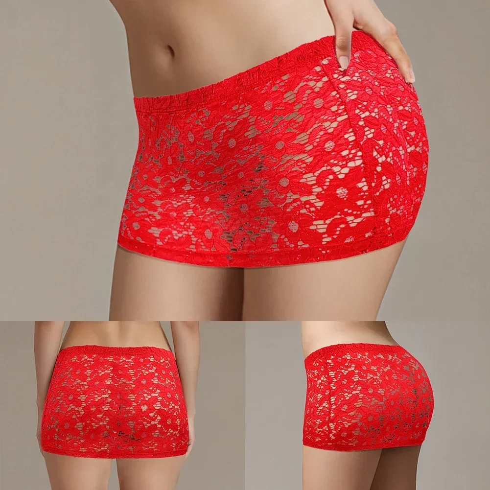 Exquisita Falda corta transparente de encaje para mujer, ropa ajustada para discoteca, LICRA elástica de Color rojo para celebraciones nocturnas