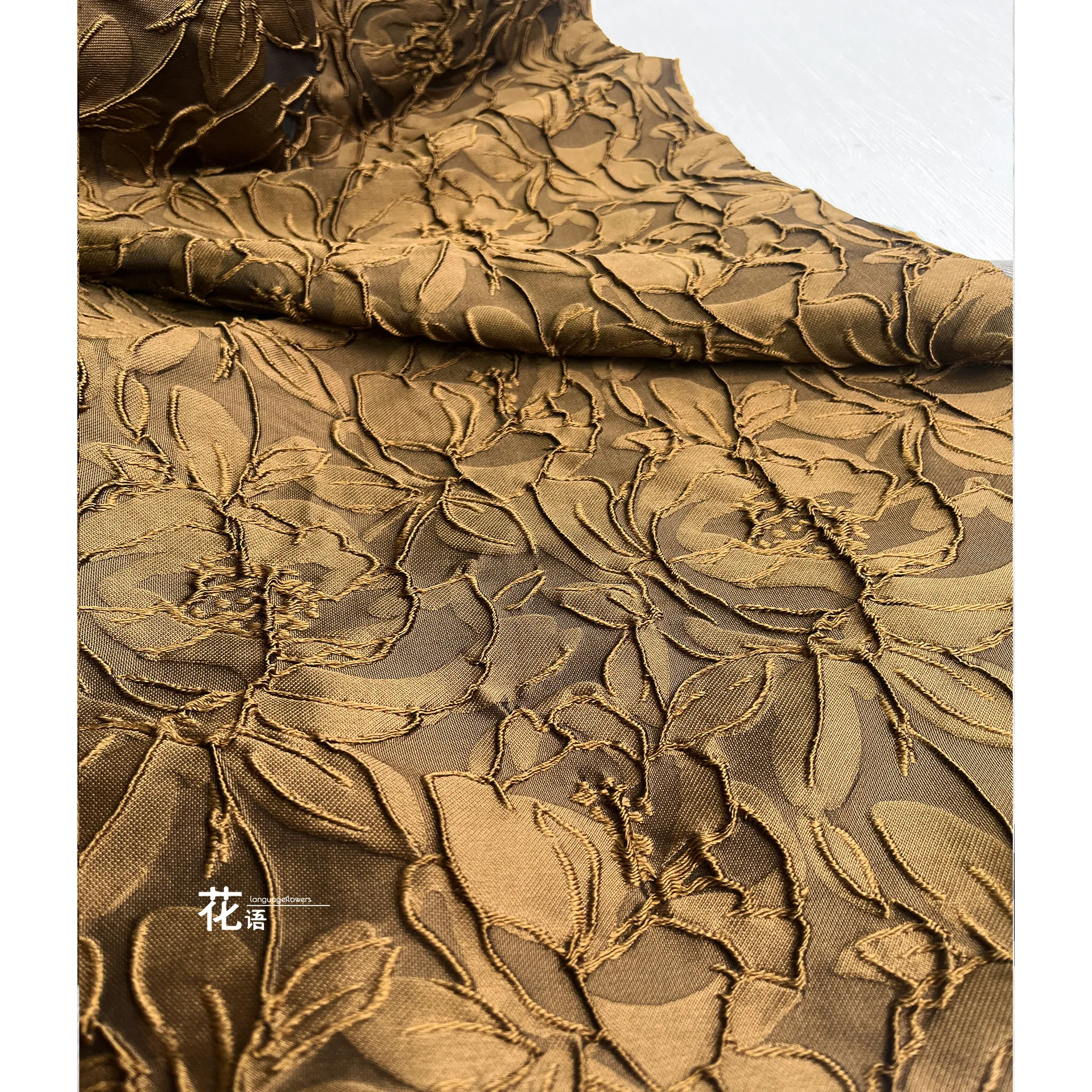 Golden Brown Floral Jacquard Designer Fabric Vintage Raised Relief Woven Texture for Decorative Crafts and DIY Accessories