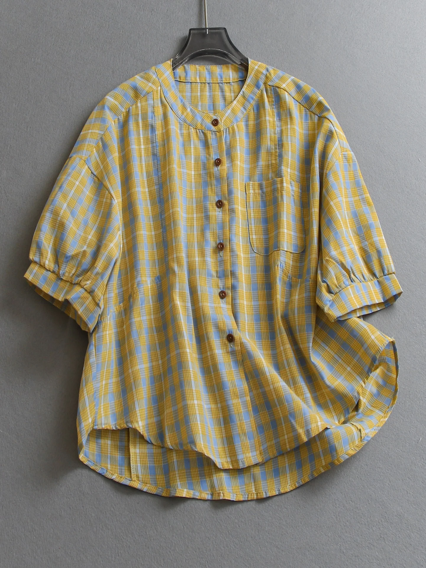 

Casual Plaid Loose Fitting Slimming Breathable round Neck Seven Sleeve Commute Casual Versatile Anti-Aging Women's Shirt