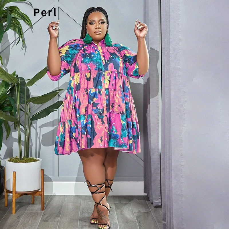 Perl Printed Loose Plus Size Dress for Women Summer Outfit Puff Sleeve Cake Dress vestidos de verano tallas grandes 5xl largo