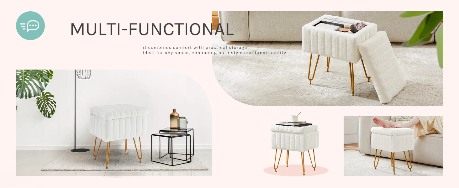 Compact bedroom vanity ottoman hidden storage details