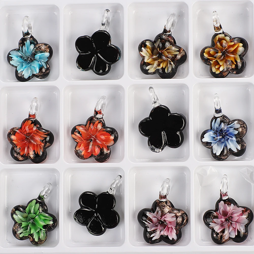 Qianbei Handmade Murano Lampwork Glass Mixed Color Stripe Flower Pendant Fit Necklace Hot Jewelry gift Fashion Wholesale 6pcs