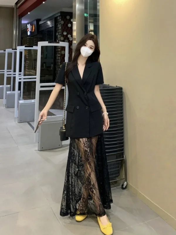 

plus Size Women's Hepburn Sle Suit Top High Waist Lace Splicing Skirt Faionable Summer New Arrival Korean Straight Cut