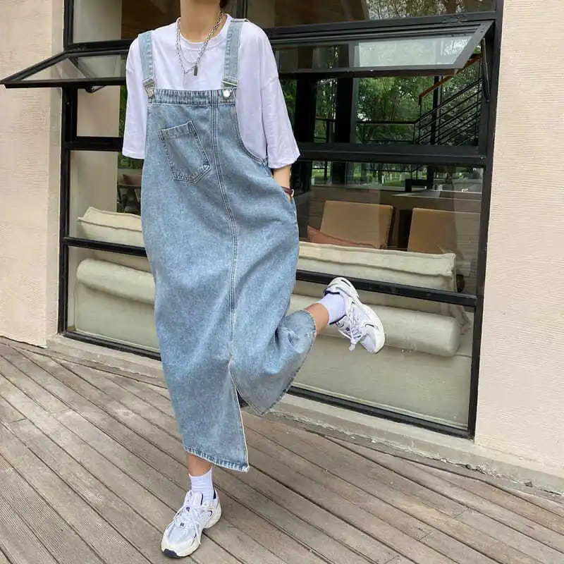 

Summer Denim Overall Dress Women Sleeveless Jeans Dresses Y2k Fashion Solid Slip Casual Loose Spaghetti Strap Dresses Платье 원피스