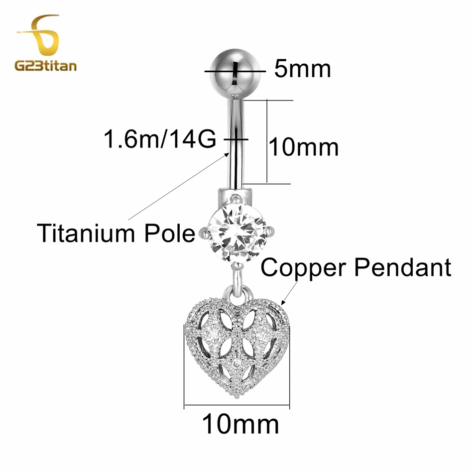Posrebrzane kolczyki do pępka Hollow serce do pępka kolczyk do piercingu 14G 10mm Titanium brzana biżuteria do ciała kobiety lato klejnoty
