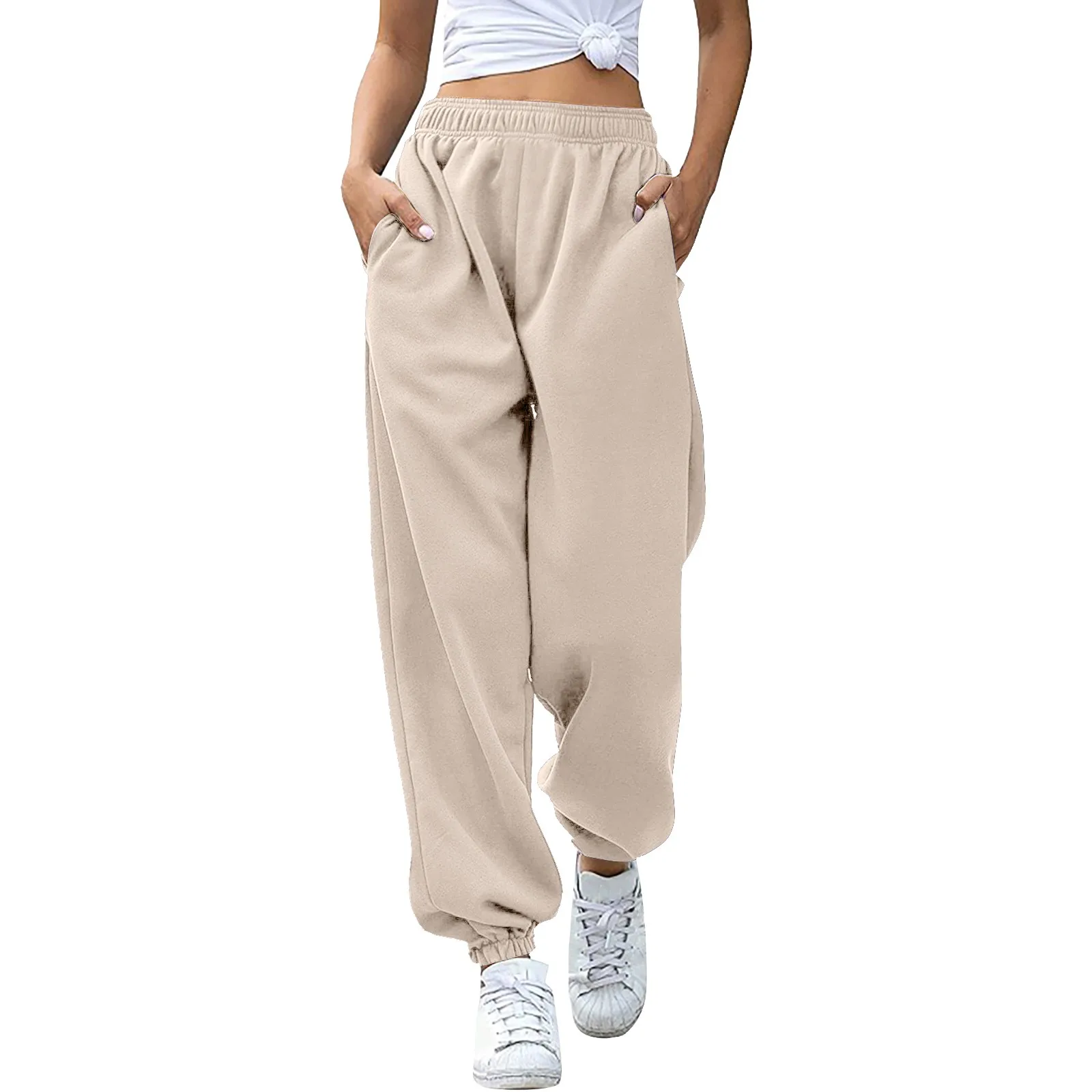 

Womens Solid Sweatpants Autumn Winter Thicken High Waist Pockets Trousers Hip Hop Harajuku Elastic Baggy Thermal Sports Bottoms