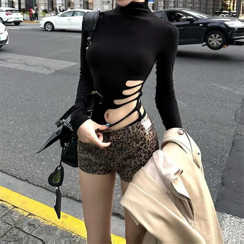 Autumn Fashion Women Clothing T Shirt Hollow Out Solid Black Long Sleeve Tee Tops Casual Slim High Neck Streetwear T Shirt Y2k