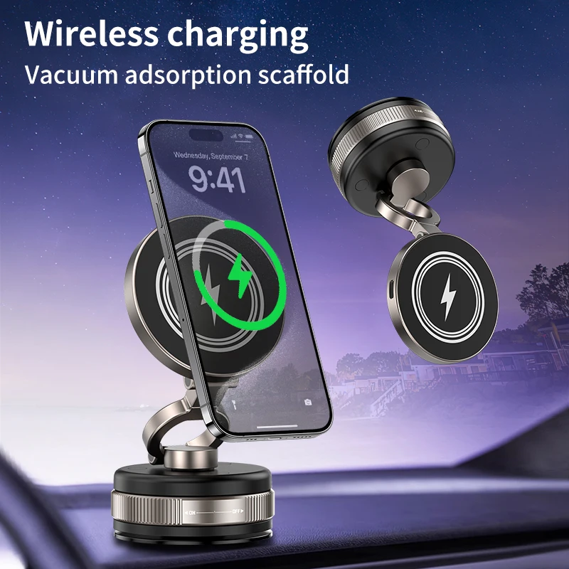 

Upgraded Wireless Charging Magnetic Car Phone Stand with Vacuum Suction Cup & Adhesive Dashboard Mount Universal for All Phones