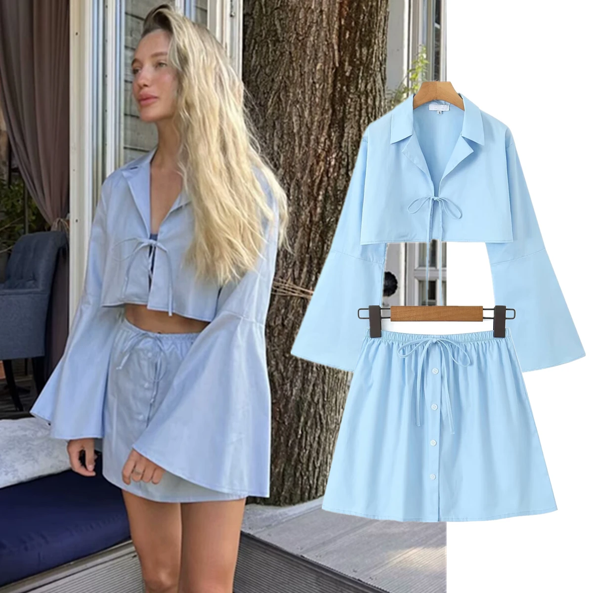 

Jenny&Dave Light Blue Lace Up Shirt And High Waist Ins Fashion Blogger Bermuda Shorts Women Two Pieces Sets