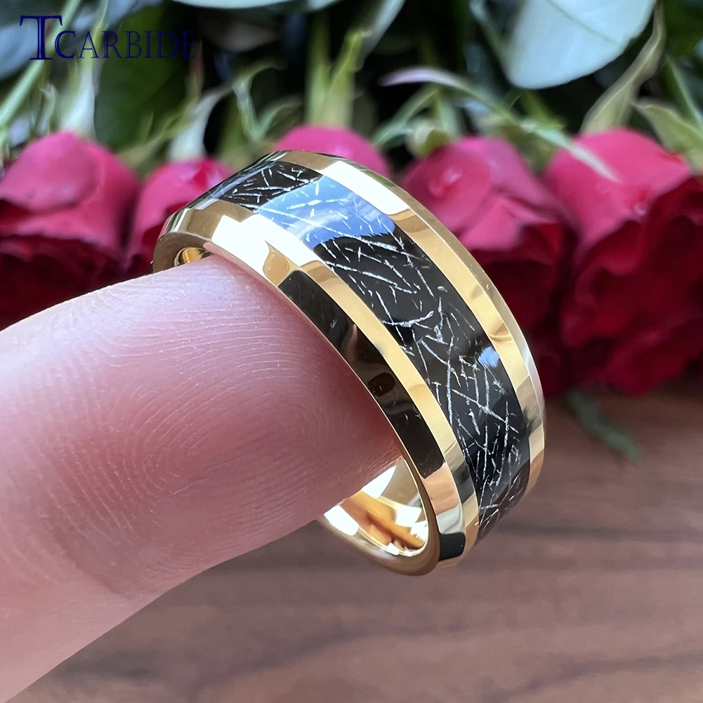 8MM Tungsten Wedding Rings For Men Women Black Meteorite Inlay Beveled Polished Trendy Gift Jewelry Comfort Fit