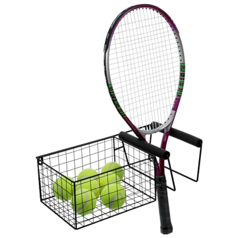 

Hanging Metal Tennis Racquet and Tennis Ball Storage Basket Rack Wall Mounted Racket Holder