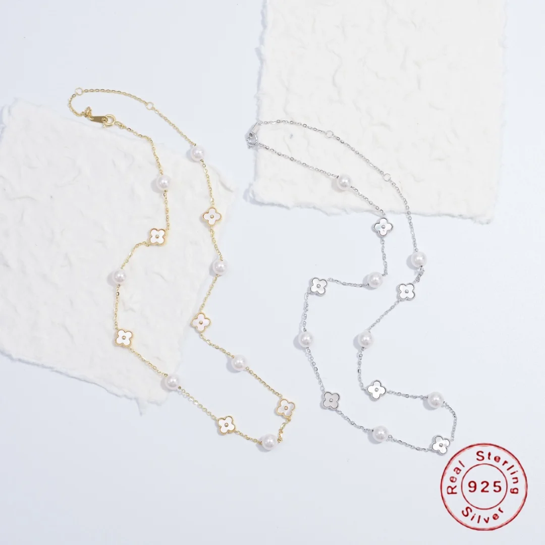 

S925 Sterling Silver Pearl White Mother-Of-Pearl Four-Leaf Clover Necklace, Women's Style, Fashionable And Versatile JewelrySL42