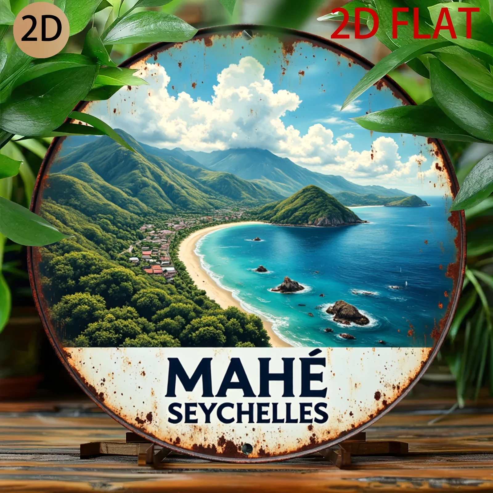 2D Flat - A Round Metal Sign Featuring a Vintage Design of The Coastal Scenery of Mahe, Seychelles, Perfect for Decorating a f