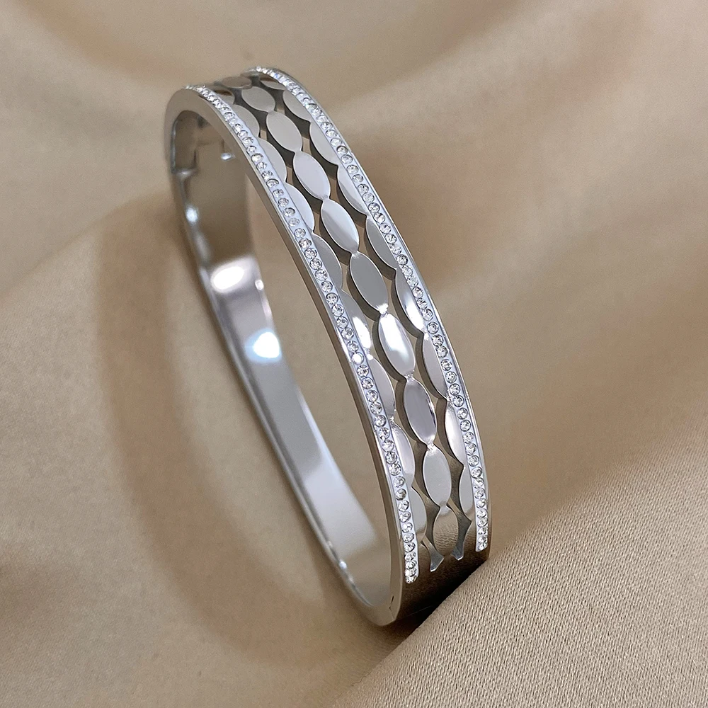 Greatera Trendy Rhinestone Charm Oval Stainless Steel Cuff Bracelet Bangles for Women Gold Plated Waterproof Jewelry