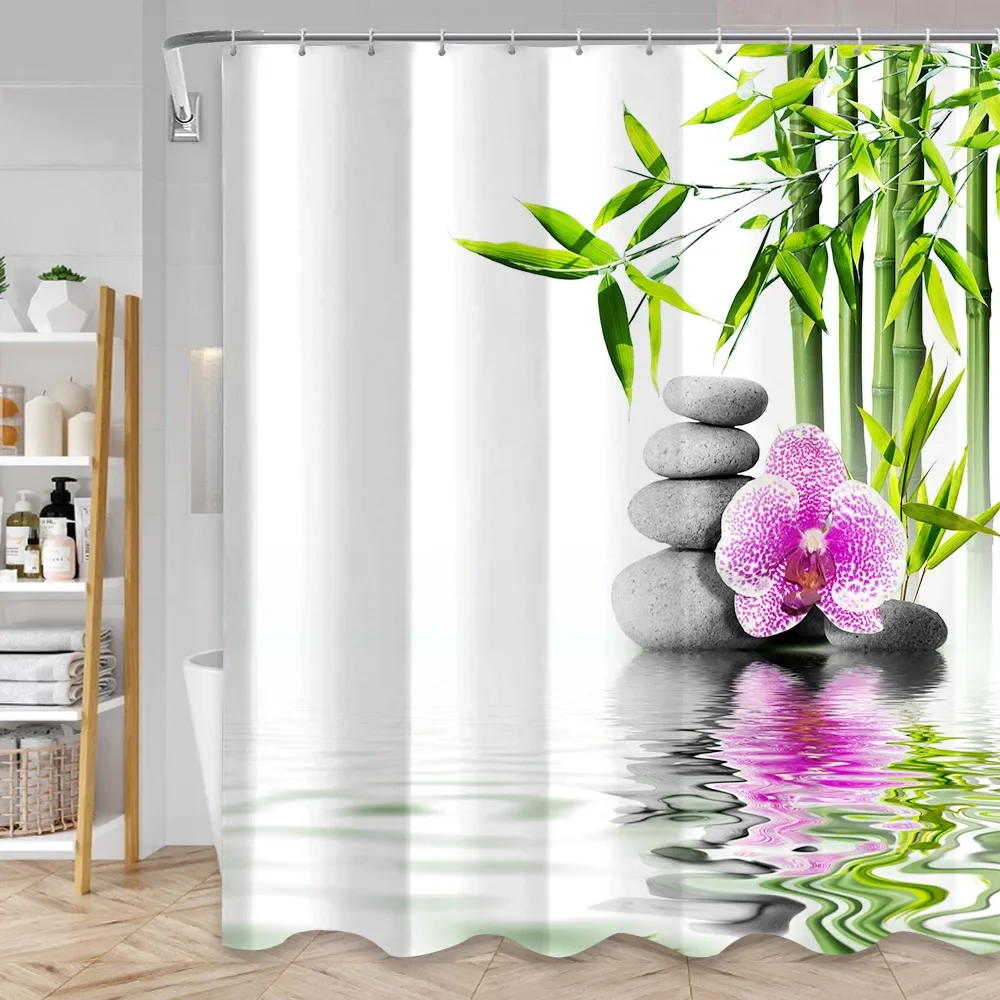 Green Bamboo Zen Shower Curtains Set, Spa Stones and Orchids Flowers Polyester Fabric Bath Curtain with Hooks Bathroom Decor