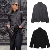 Chaqueta de traje gris y negra para mujer, cuello alto con bolsillos asimétricos, estilo urbano vintage, chaqueta de mujer para la primavera de 2026