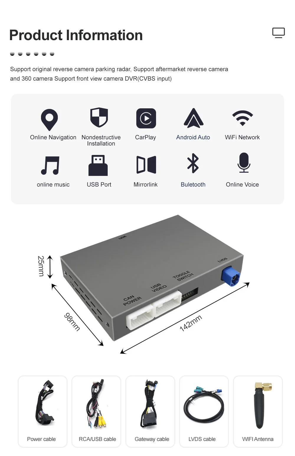 Kabelloses CarPlay- und Android-Auto-Interface-Modul für Audi A6 A7 HN+R-System mit Mirror Link und Bluetooth. – Detail 8