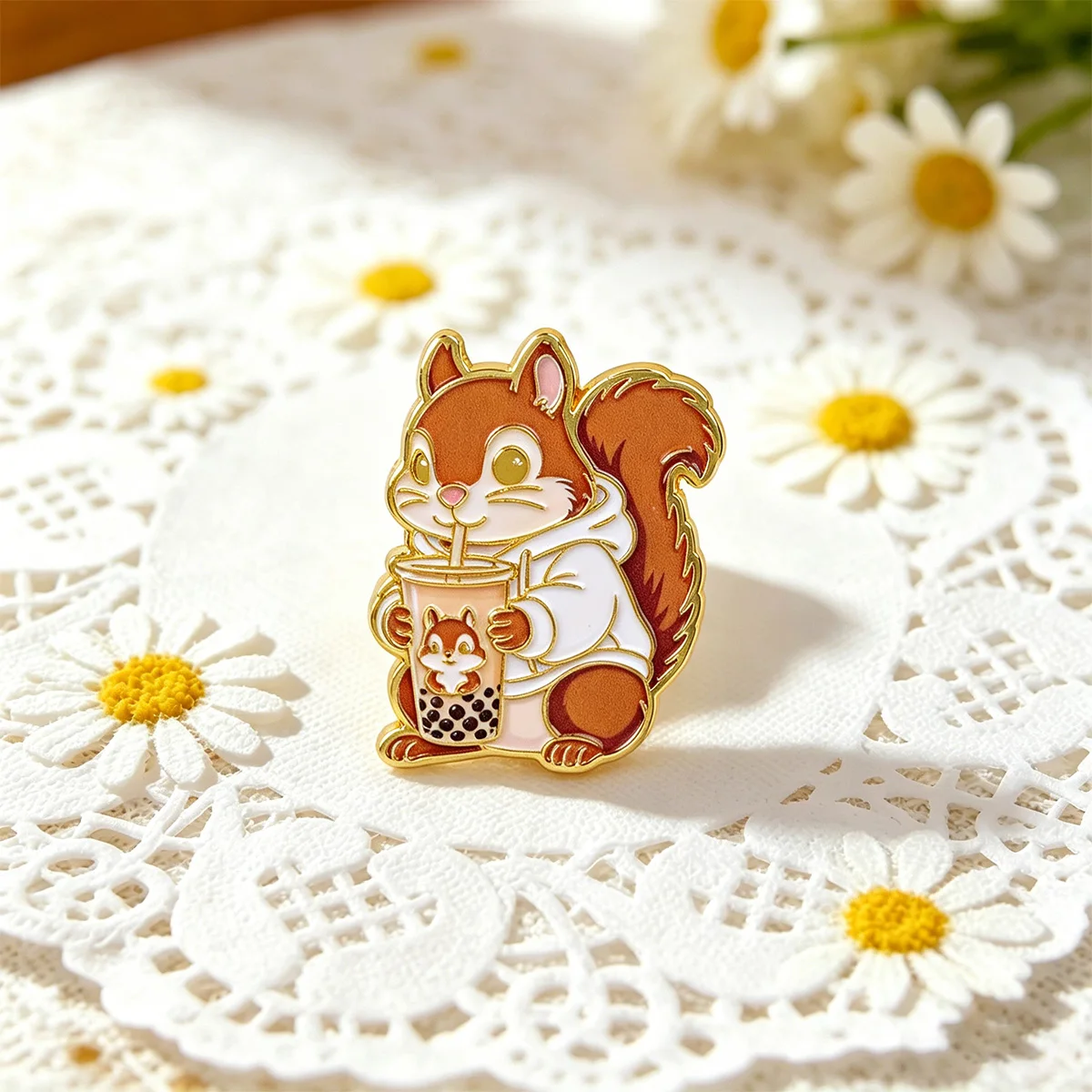 Cute Squirrel Tea Enamel Pin Cartoon Forest Animal Lapel Brooch Metal Badge for Backpack Denim Jacket Hat Lovely Jewelry Gift