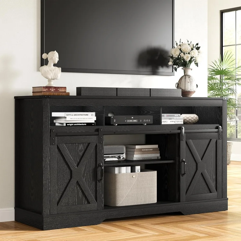 

Farmhouse TV Stand for 65+ Inch TV, Tall Entertainment Center with Storage Cabinets and Sliding Barn Doors, Mid Century Modern