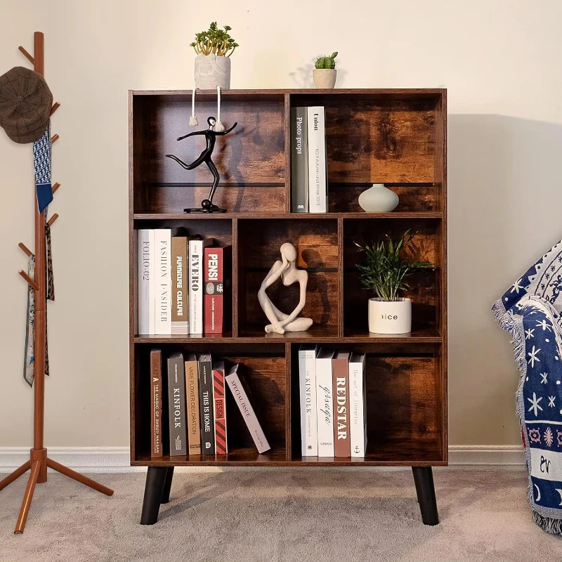 

Hot-selling wooden bookshelf 3-layer brown retro bookshelf with 7 cubes and outriggers, living room furniture bookshelf