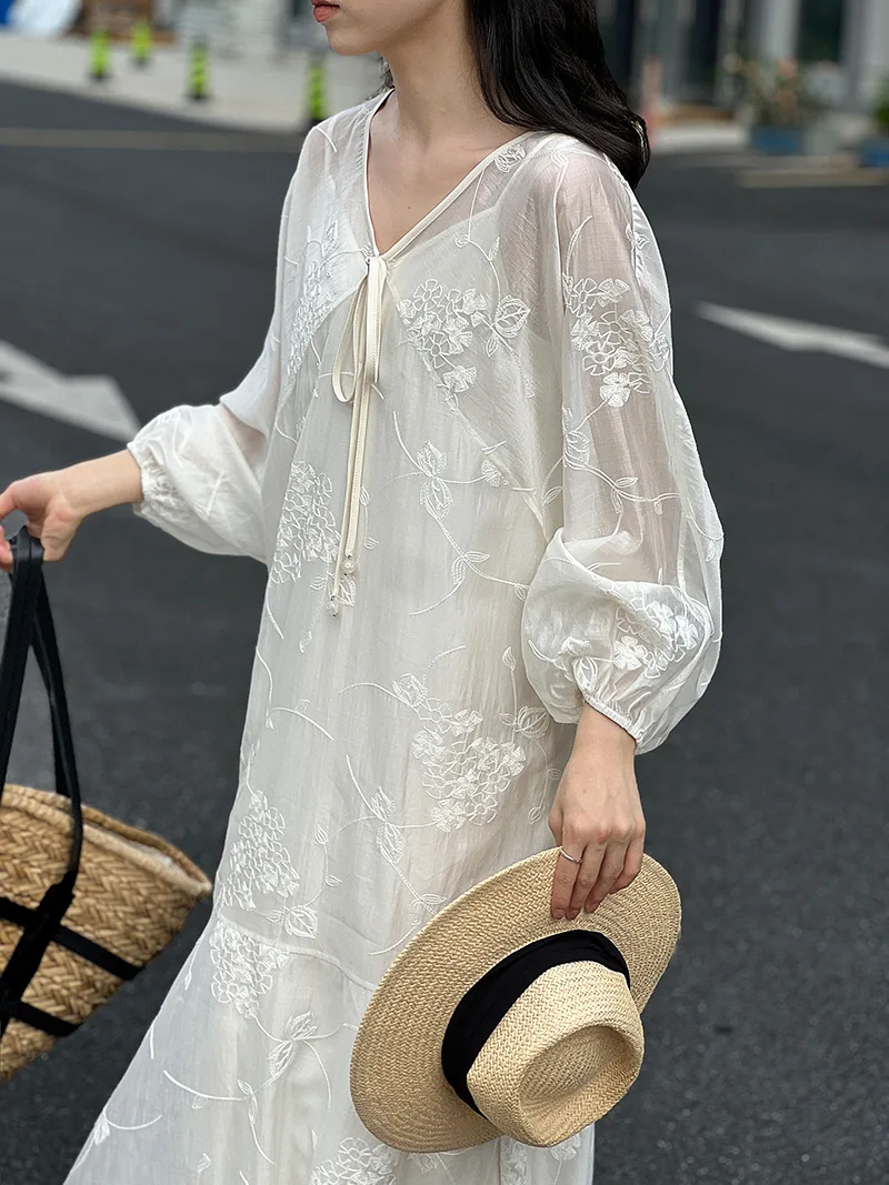 2025 verão floral bordado rayon vestido 2 peças conjunto- boho decote em v em camadas chiffon maxi renda manga vestido de férias 3631