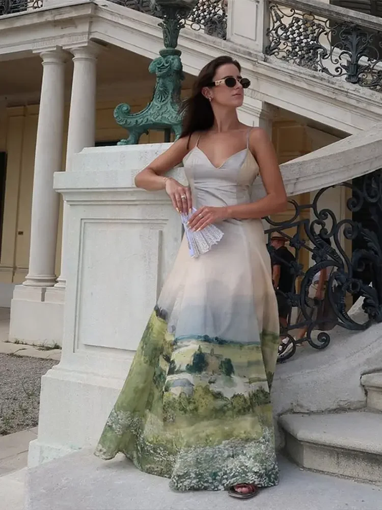 مطبوعة الرسن المرأة فستان الحبر غسل نمط الساتان الخامس الرقبة بيكيني الحمالات التخسيس الخصر Cinching الرجعية الشاطئ حزام فستان طويل